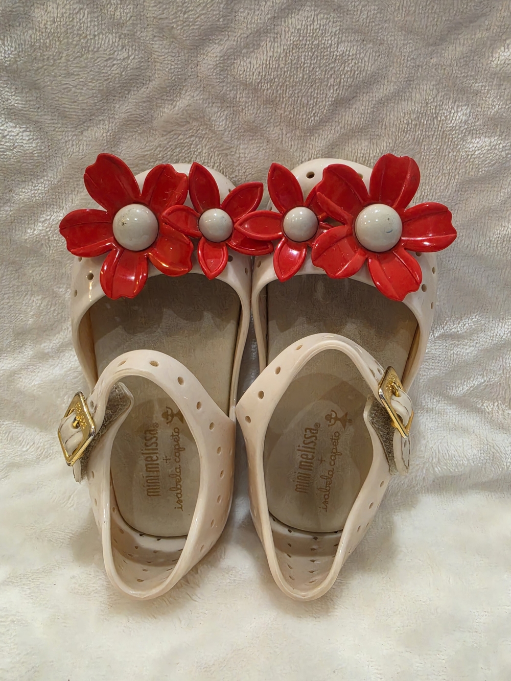 Mini Melissa Kids Sz 6 Toddler. Cream Jelly Sandals with Red Flower Accents.